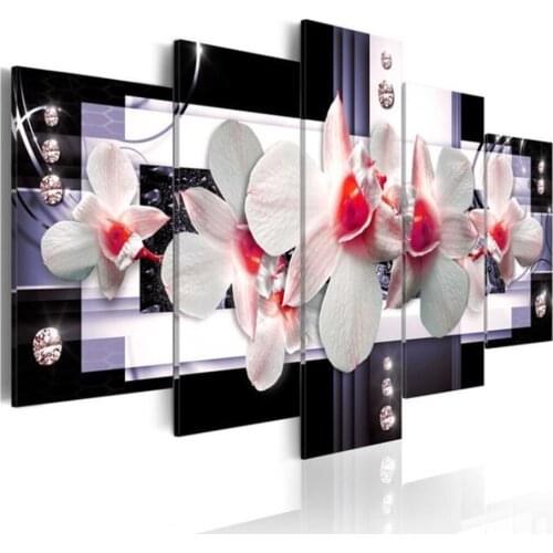 Painting Pink Orchids Full Round Drill Diamond 5D 5 Pcs Embroidery Handicraft Picture Flowers Wall Art Home Decor Cross Stitch