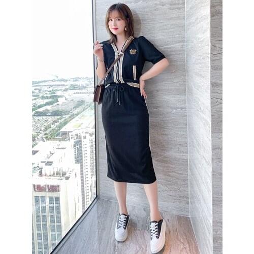 High quality Contrast stripe zip front top+Elastic high waist skirt suit 2021 summer new pattern