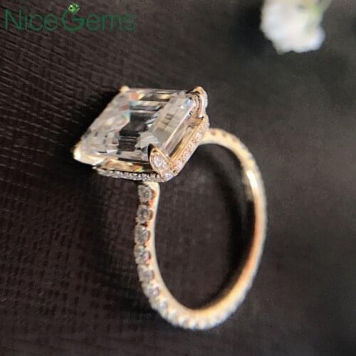 NiceGems Solid 18K Yellow Gold Center 10x8mm 3.8ctw Emerald cut Moissanite Engagement Ring Full Halo pave set Moissanite ring