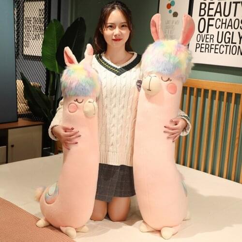 New 130 cm Lovely Big Size Rainbow Alpaca Long Sleep Pillow Stuffed Soft Animal Alpaca Plush Toy Bed Sleep Throw Pillow Cushion