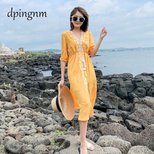 2020 new Casual Dresses Women Fashion Elegant Sleeve Dresses Female Autumn Office Ladies V collar Frenulum Golden Polyeste