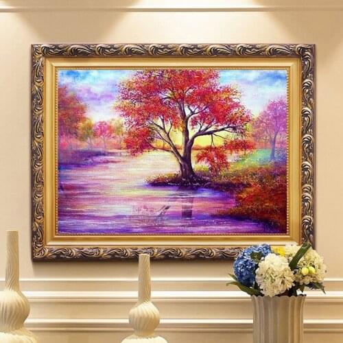 Lake Red Maple Leaf Forest Oil Painting DIY 5D Full Round Diamond Embroidery Cross Stitch Kits Arts Home Decor
