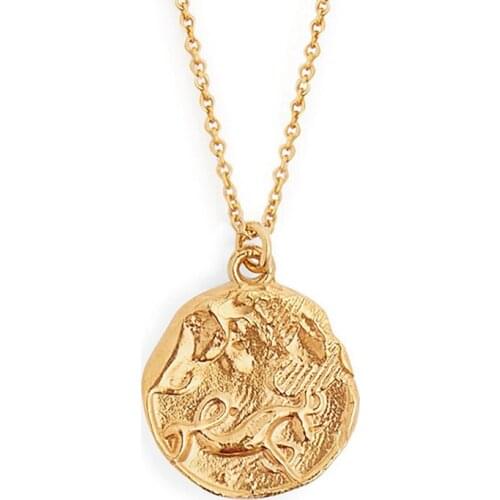 Retro Minimalist Gold Color Constellations Necklace Women Simple Engraved Portrait Long Chain Coin Necklace Pendant Alloy Bijoux