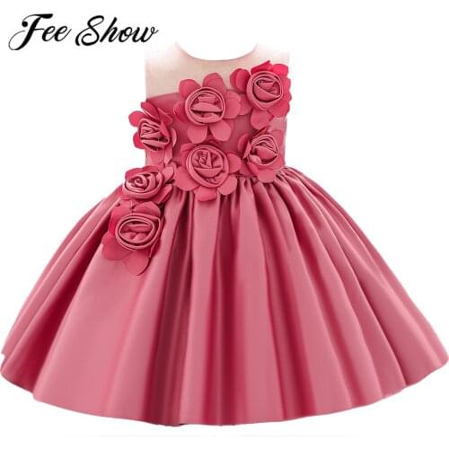 Toddlers Baby Girls Flower Dresses Round Neck Sleeveless 3D Flowers Dress for Girls Birthday Party First Baptism Infant Clothes