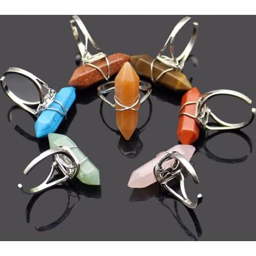 Natural Amethysts Agates Quartz Turquoises Opal Stone Adjustable Rings Bullet Hexagonal Beaded Handmade Wire Wrapped Cuff Rings