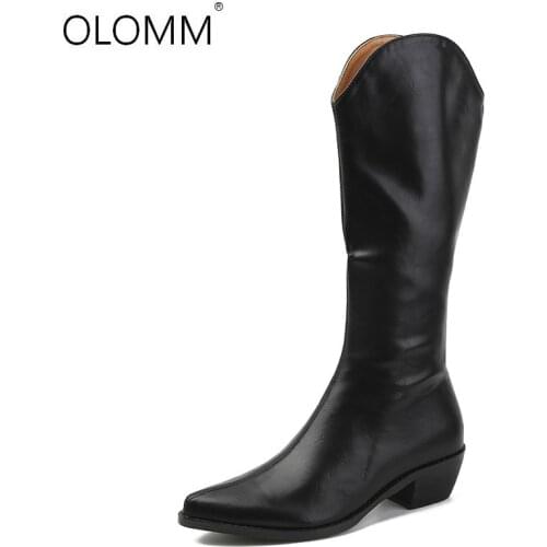 New Women Mid-calf Boots Winter Womens PU Leather Long Boot Woman Low Heels Ladies Non Slip Female Comfort Shoes Cowboy Boots