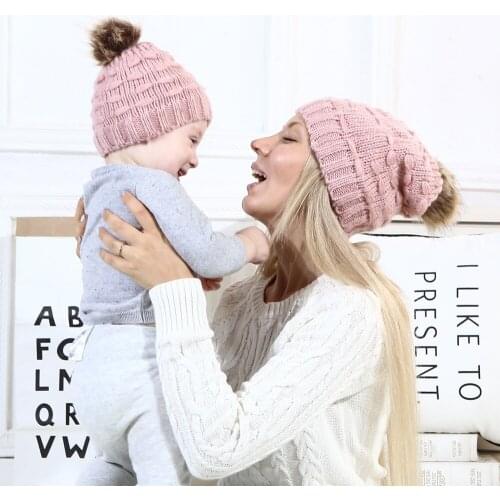 Parent-child Hat 2PCS Baby Cute Plush Thick Warm Hat Knitted Winter Cap Childrens Knitted Hat Keeps Warm Outdoor Hat Soft Hats