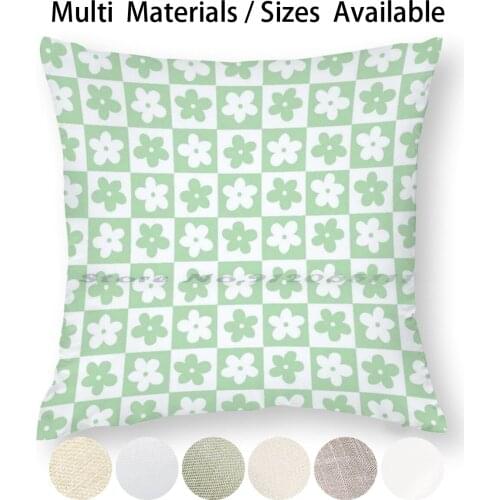 Light Pastel Green And White Checkered Squares With Flowers Pillow Case Throw Pillow Cover Cotton Linen Flax Blocks Squares