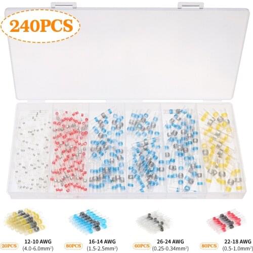 240pcs Heat Shrink Butt Crimp Terminals Waterproof Solder Seal Electrical Butt Connectors Wire Cable Splice Terminal Kit