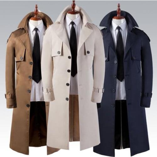Mens trench coats business casual man long coat men clothes slim fit overcoat fashion long sleeve spring autumn brown beige blue