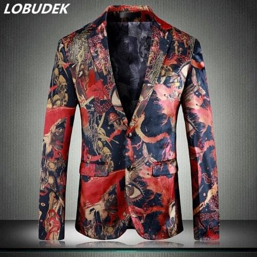 Plus Size Velveteen Vintage Print Blazers Wedding Party Prom Slim Fit Blazer British Style Fashion Singer Host Suit Coat Winter