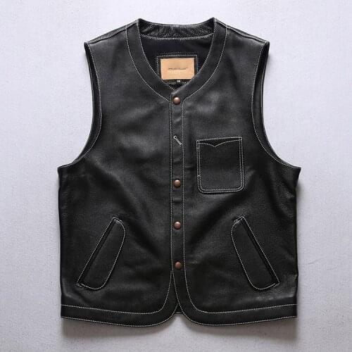 Japanese Vintage Casual Real Cowhide Leather Vest Mens Genuine Leather Motorcycle Biker Black Waistcoat Vest