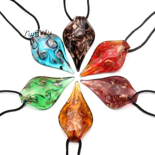 Yingwu Wholesale 6pcs Womens Lampwork Murano Glass Waterdrop Leaf Spiral Gold Foil Necklace Pendant Charm