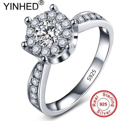 YINHED Exquisite Heart and Arrow Zircon Ring Wedding Rings for Women 100% 925 Sterling Silver Fine Jewelry Ring ZR116