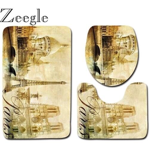 Zeegle Building Pattern Bath Mat Set Lid Toilet Cover Microfiber Bathroom Shower Mat Floor Rug Foot Mat Toilet Entrance Doormat