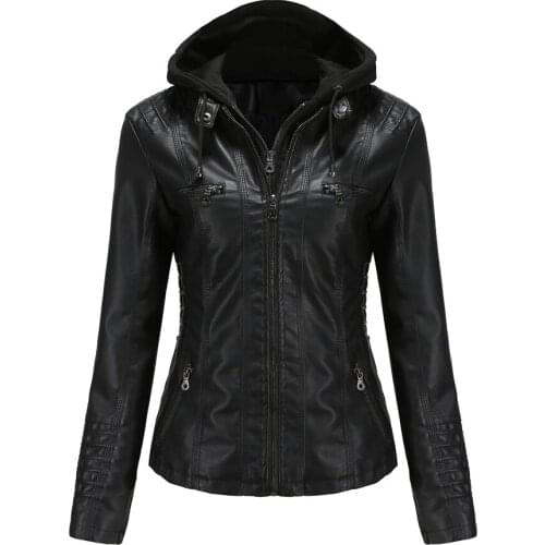2021 New Women PU Faux Leather Jackets Hoodie Luxury Zipper Pocket Jacket Black Biker Coat Jacket Fashion Streetwear