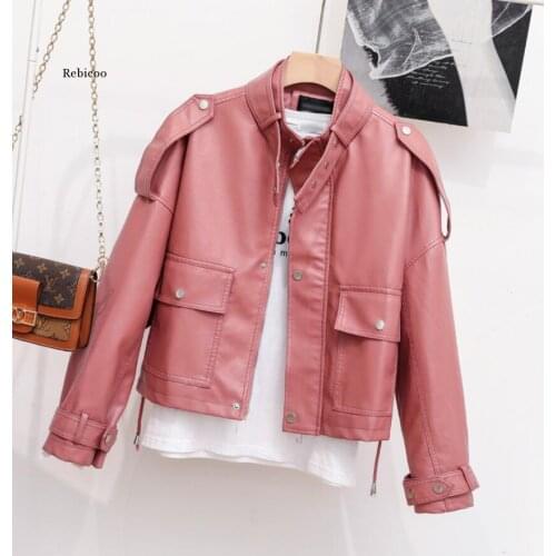 Women Hot Pink Leather Jacket Spring Autumn Long Sleeve Zipper Short Faux Leather Coats Ladies Streetwear Biker Moto Jackets