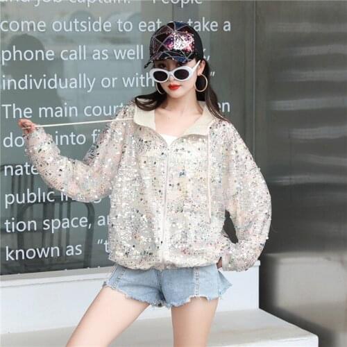 Runway Women Sequins Embroidery Sunscreen Shirt High Quality Summer Lace Loose Organza Jackets Plus Size Long Sleeve Hooded Coat