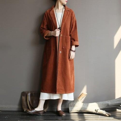 Autumn And Winter Womens Corduroy Windbreaker Jacket Retro Style Distressed Straight Lapel Lengthened Solid Color Cotton Coat