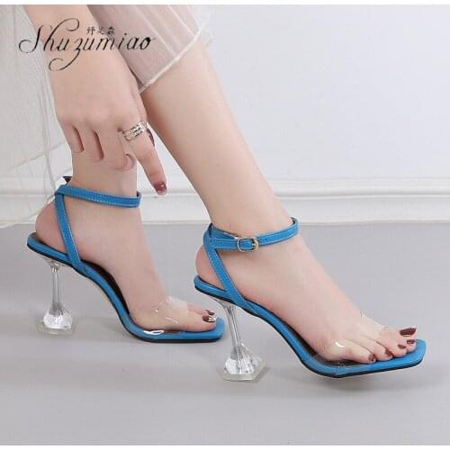 SHUZUMIAO Brand PVC Ladies High Heels Shoes Woman Large Size 45 46 Party Sexy Buckle Strap Sandals Cutouts 9cm Thin Heels Rubber