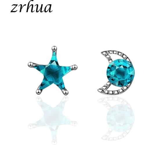 ZRHUA Women 925 Sterling Silver Jewelry Moon Star Stud Earrings with AAA Zircon Crystal For Lovers Jewelry Hot Party Gifts