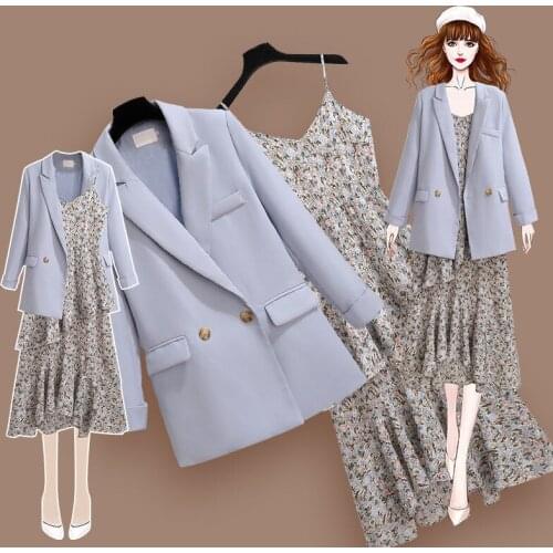 Plus Size Womens 2021 Early Autumn New Floral Suspender Skirt + Suit Jacket Plus Size Two-piece Suit