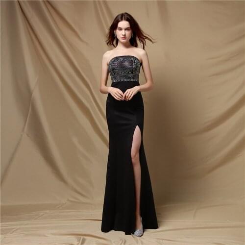 Black Diamond Strapless Sleeveless Fashion Sexy Prom Dresses 2021 Long Slit Party Dress Women Elegant Club Wear Vestido De Mujer