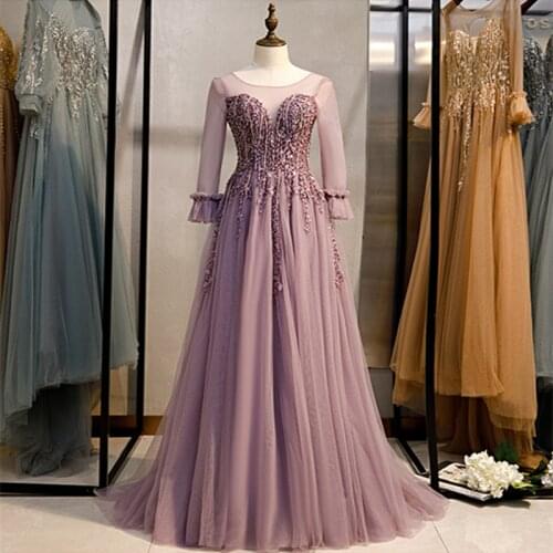 Purple Evening Dress Abendkleider A-line Formal Dress Scoop Neck Long Sleeve Evening Dresses Long Dress Robe De Soiree 2020