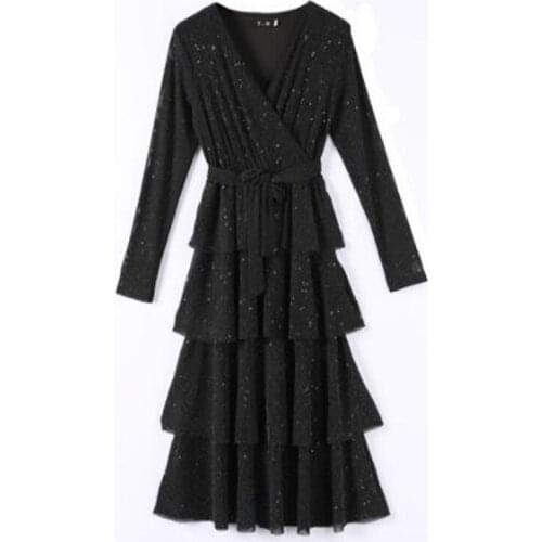2020 Femal Vintage Black Sexy Midi Cake Dresses Autumn Winter New Solid Long Sleeve Dress Elegant Women Bodycon Party Vestidos
