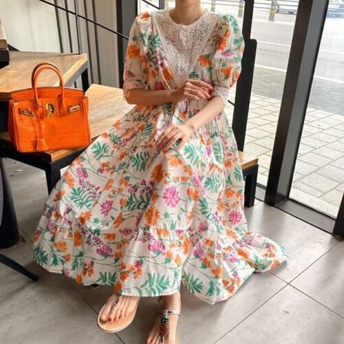 Summer Dress Women 2021 New Vintage Loose Was Thin Elegant Lace Hollow Patchwork Puff Sleeve Korean Ladies Maxi Vestido De Mujer