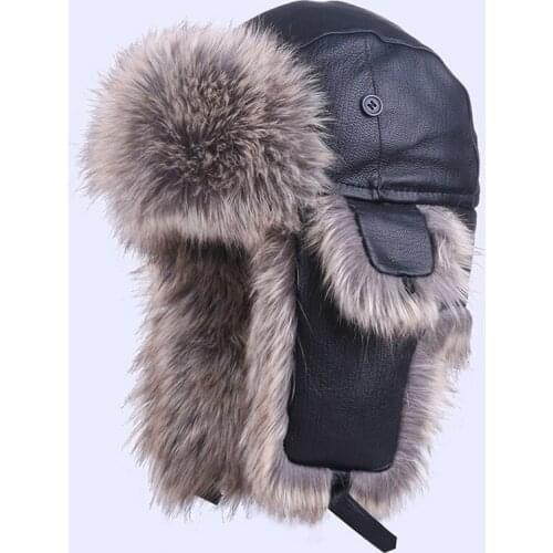 Bomber Hat Genuine Leather Winter Trapper Trooper Warm Plush Faux Rabbit Fur Aviator Earflaps Snow Ski Cap Russian Ushanka