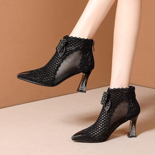 2020 new mesh sandals womens High heel leather ankle boots summer hollow breathable mesh boots Rome shoes cool boots