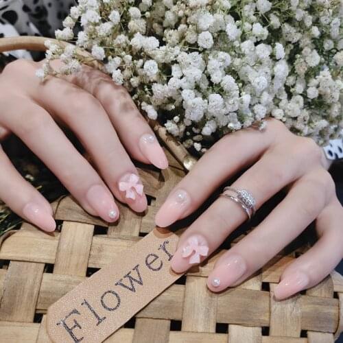 24pcs Bow Fake Nail Patch Nude Pink Glue Type Removable Mid Length Paragraph Fashion Manicure False Nails Patch Nail Art