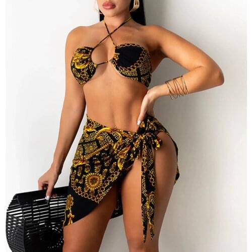 Printed 3pcs Skirt Halter Micro Thong Bikini Female Swimsuit Women Swimwear Three-pieces Bikini set Hollow Out Bathing Suit Swim