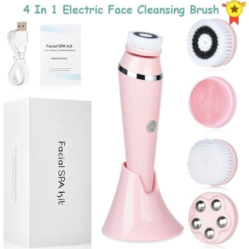 4 in 1 Electric Facial Cleansing Brushes Silicone Rechargeable lSonic Face Roller Massager Blackhead Remover Pore Cleaner
