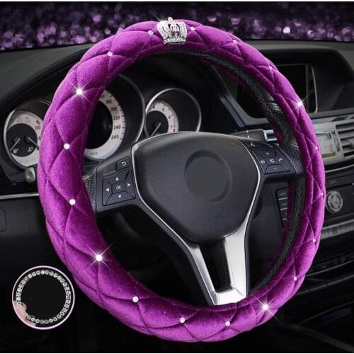 Velvet Steering Wheel Cover 15 Inch Crystal Bling Bling Rhinestones Crown Car Diamond Anti-Slip Steering Wheel Cover for Women