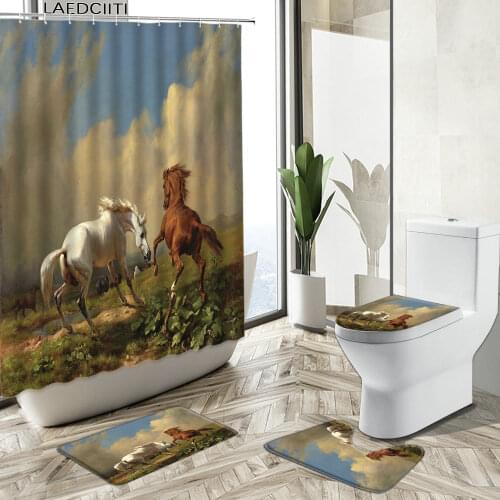 Running Steed Horse Shower Curtain Wild Animal Scenery Oil Painting Bathroom Non-Slip Carpet Toilet Cover Floor Mat Set Washable