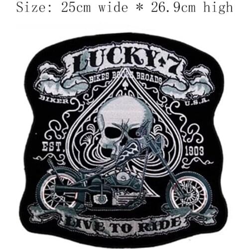 Free shipping LUCKY 7 LIVE TO RIDE skull embroidery patch 25cm wide iron on sew on for Motorcycle club full back on the Jacket