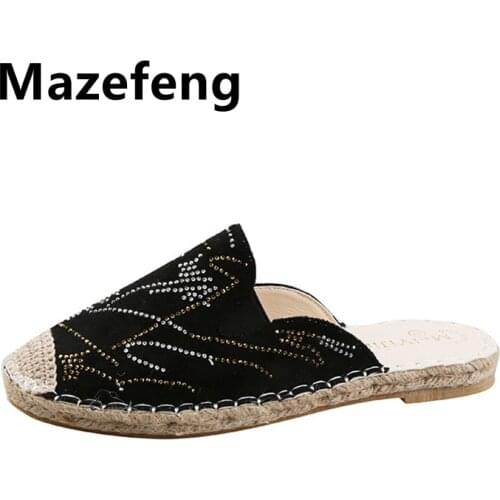 Big Size Women Slippers Ladies Round Toe Designer Shoes Luxury 2021 Rhinestone Mesh Crystal Slippers Diamond Mules Flats Shoes