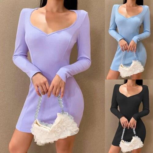 Elegent Sexy Long Sleeve Peach Heart Neck Solid Color Knitted Bodycon Mini Dress Femme Dresses party long sleeve Women clothes