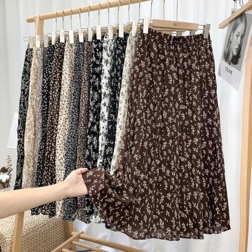 Elegant Pleated Chiffon Skirts Womens 2021 Summer Korean Floral Print Casual Midi Skirt A line High Waist Skirt Female