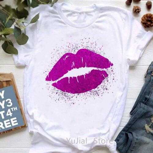Watercolor Pink/Red/Blue Lips Print T-Shirt WomenS Clothing White Casual Tshirt Femme Tumblr Clothes Harajuku Shirt Streetwear