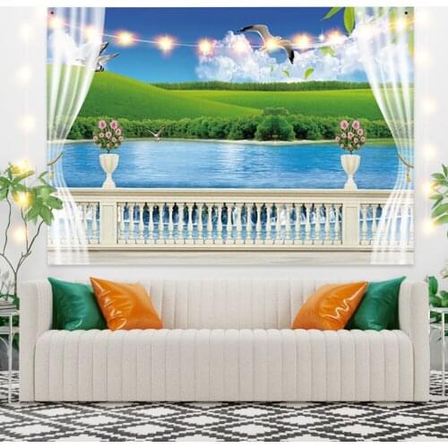 Grassland and Lake Scenery Tapestry Vintage Exotic Summer Plant Nature Frame for Bedroom Photography Wall Decor