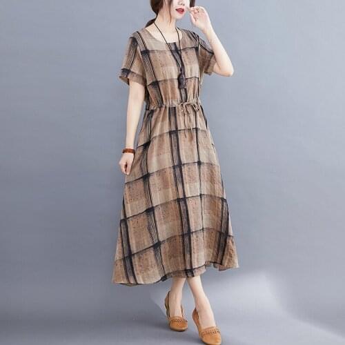 Plaid Dress 2021 New Arrival Short Sleeve Loose Summer Dress Cotton Linen Draw String Slim Women Holiday Travel Casual Dress