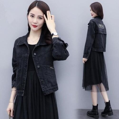 New Letter Embroidered Black Denim Coat Spring Autumn Fashion Women Denim Jacket Harajuku BF Style Cowboy Top Outer Wear Clothes