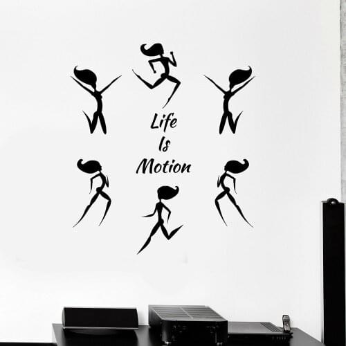 Cartoon Wall Decal Fitness Inspirational Quote Life is Motion Woman Pattern Vinyl Wall Stickers Home Decor Gym Office Z463
