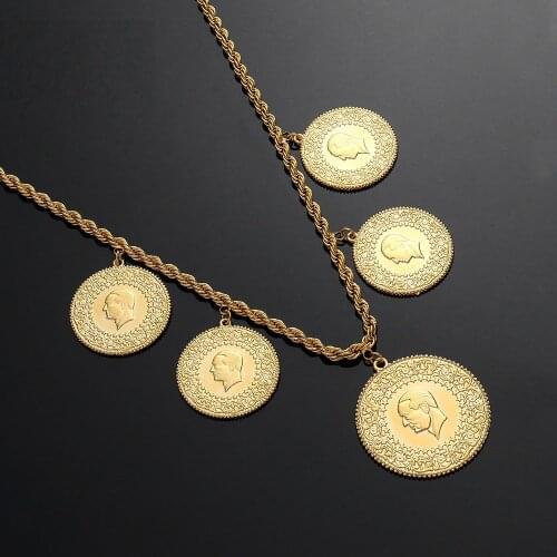 Muslim Islam Zinc Alloy Coin Portrait Pendant Necklaces Gold Color Arab Money Sign Chain Middle Eastern Coin Jewelry Gift