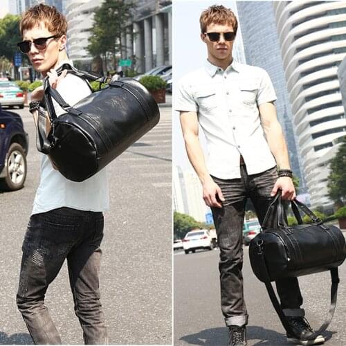Men Travel Duffle Bag PU Leather Mens Travel Bags Black Shoulder Handbag Round Bucket Shape Messenger Bag Tote