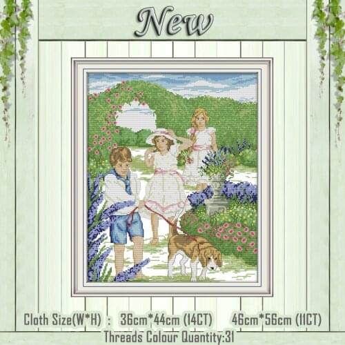 Outing girls dog boy diy decor painting counted printed on the canvas DMC 11CT 14CT kits Cross Stitch embroidery needlework Sets