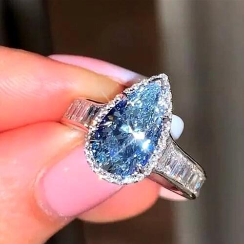New Fashion Sea Blue Water Drop Pear Shaped Ladies Engagement Ring Water Drop Ring European and American Jewelry Ring